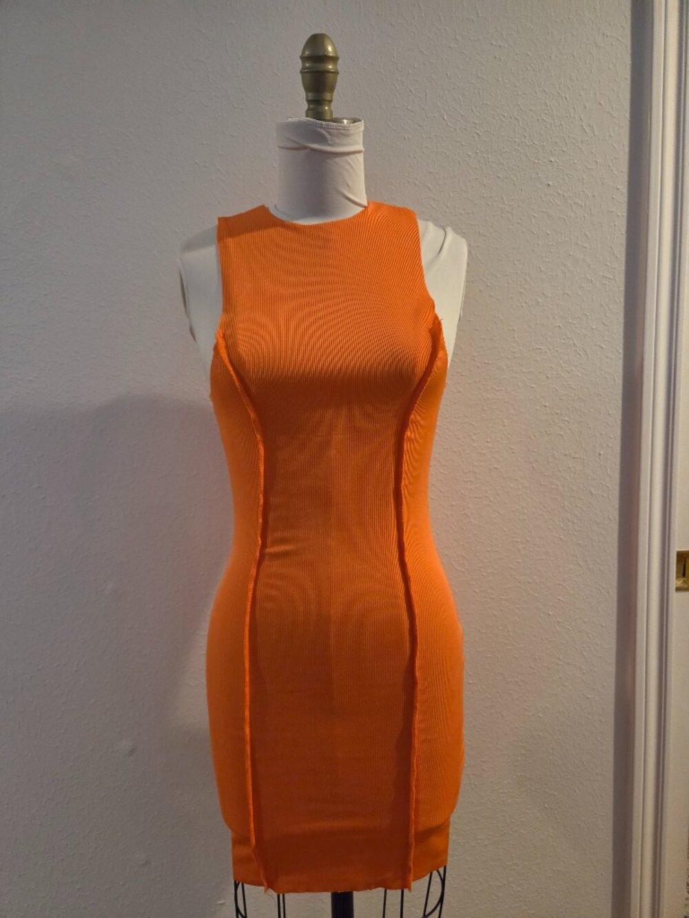 Bright Orange Ribbed Bodycon Midi Dress Sleeveless